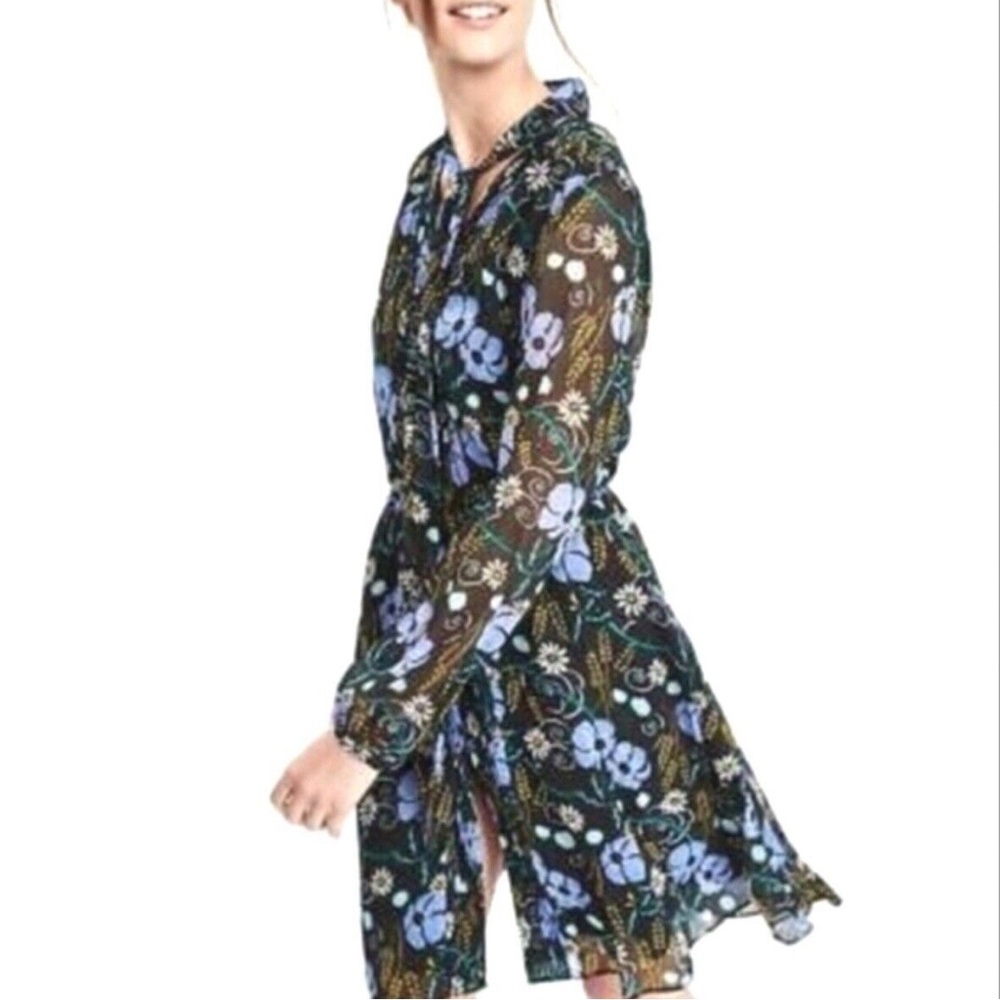 Banana Republic Floral Long Sleeve Dress - Black, Blue, Yellow